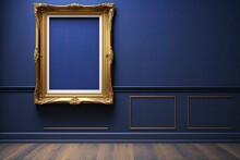 Antique Art Fair Gallery Frame On A Royal Blue Museum Or Auction House Wall. Blank Prototype Design Template With White Copyspace. Generative AI