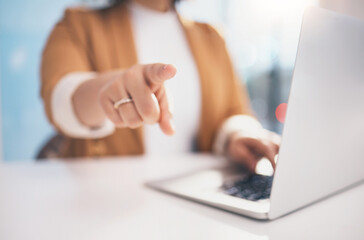 Wall Mural - Hand, pointing and laptop in office with black woman, hr expert and question at desk for recruitment. Human resources, manager and choice for hiring, opportunity or job for future employee at company