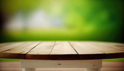 Wall Mural - Empty old wooden table with fresh green spring garden in background