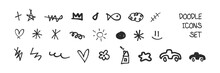 Doodle Icons Set. Pen, Pencil Or Marker Handdrawn Scribble Children Painting, Y2k, Brutalist Cute Web Icons. Fish, Clouds, Heart, Flower, Sun Dark Black Ink Paintings. (Full Vector)