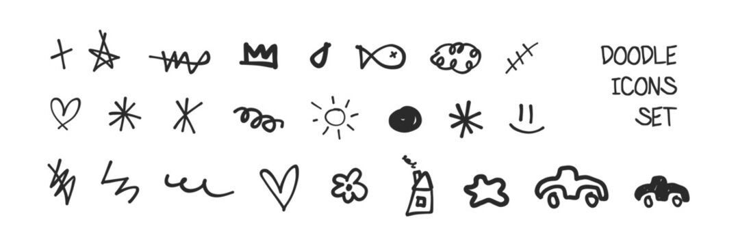 doodle icons set. pen, pencil or marker handdrawn scribble children painting, y2k, brutalist cute we