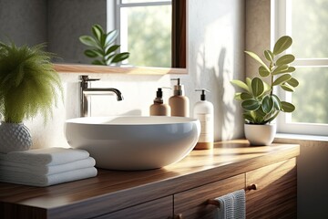 Poster - A wooden vanity counter, white ceramic sink, and modern faucet are in a bathroom with morning sunlight and shadow. Blank product mockup. Generative AI