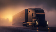 Electric Concept Truck At Sunset. Concept 18 Wheeler Driving Through Fog. Generative AI