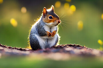 Wall Mural - red squirrel sits on a colorful meadow, generative AI