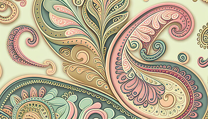 hand drawn paisley ornament pattern Abstract traditional folk antique graphic paisley line elegant luxury vintage retro style generative AI.