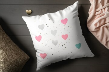 Poster - This throw pillow mockup is a white square pillow with sparkling pink hearts on a white wood background. Generative AI