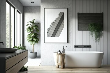 Poster - Corner Modern bathroom with grey parquet and wall, comfy white bathtub. Poster wall mockups. Generative AI