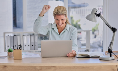 Canvas Print - Woman, laptop and celebration for winning, promotion or reading good news at office desk. Happy female winner by computer raising fist and celebrating win, discount or sale for victory or achievement