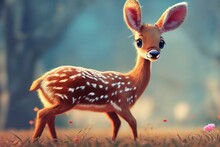 A Cute Adorable Baby Deer Generative Ai  Rendered In The Style Of Children-friendly Cartoon Animation Fantasy Style