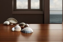 A Box Filled With Sea Shells And Seashells On A Table Top Next To A Wall And A Window With A Curtain On It And A Wooden Frame With A Black Background And White. Generative AI
