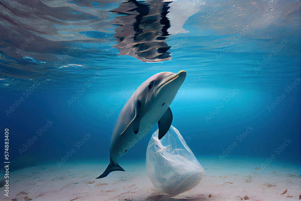 Underwater view of a dolphin and the plastic garbage in the ocean ...