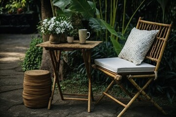 Poster - The yard has a bamboo chair, table, and comfortable seat. Generative AI