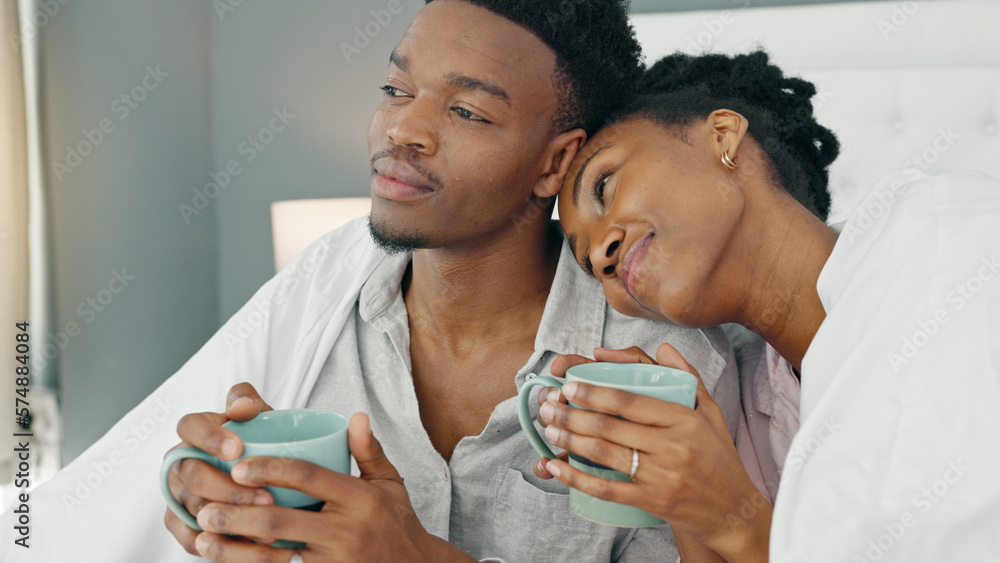 Foto Love, couple and coffee in bed with a black woman and man in the ...