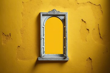 Sticker - Antique window frame, isolated against a background of a yellow wall. Generative AI