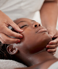 black woman face, massage and spa wellness therapist with young female and cosmetic facial. skincare
