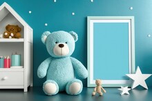 Teddy Bear And Wooden Picture Frame On A Pedestal In The Blue Star Kids Nursery. Mockup Picture. Generative AI