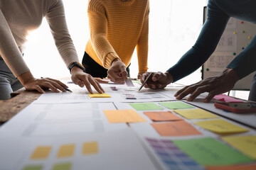Close up ux developer and ui designer brainstorming about mobile app interface wireframe design on table with customer brief and color code at modern office.Creative digital development agency.panning
