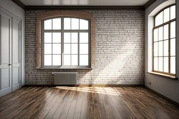 Wall Mural - Empty apartment room with brick wall, wooden floor, windows, and city background. basic abstract living room and loft. Contemporary interior remodeling mockup. Generative AI