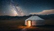 Traditional mongolian yurt on the fields at night with the milky way. Generative AI