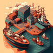 Design an isometric illustration of a bustling port city, with ships unloading cargo and people moving goods. Use a muted color palette with pops of color to create a sense of historical authenticity 