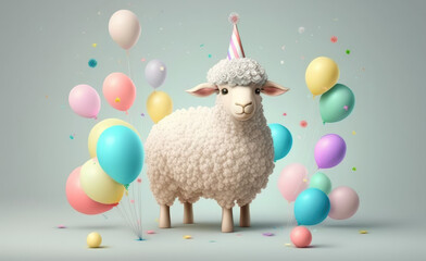 A precious sheep in a fun-filled mood with a birthday hat, surrounded by colorful balloons, and playful confetti. Generative AI