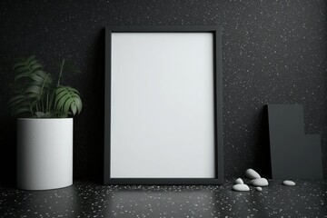 Wall Mural - Vertical Blanked black frame on terrazzo floor leaning against dark gray wall. Mock-up and template for painting, drawing, photography, and design. interior, embellishment, structure, and gallery