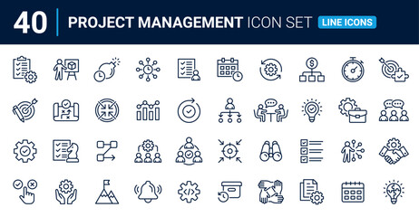 project management line icon collection. planning, schedule, collaboration, development and time man