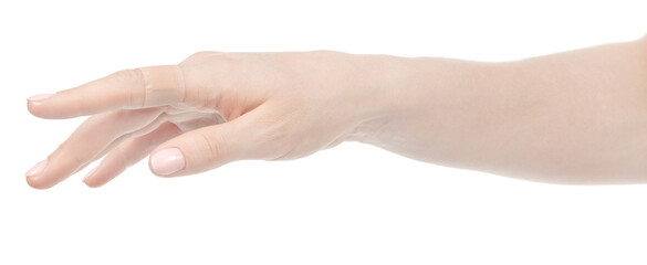 Wall Mural - Female caucasian hands with medical adhesive wound plaster  isolated white background. Woman hands with surgical tape showing different gestures. first aid bandage