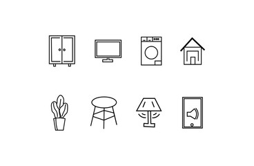 Home stuff icons flat line style. Suitcase, TV, plant, washing machine, chair, house, phone.