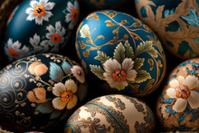 Intricately Painted Easter Eggs With Stunning Floral Detail In Close-Up Shot - Generative Ai