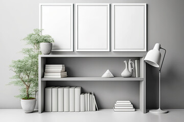 Sticker - White concept idea interior design, editable with transparent background, three gray frames on a book shelf or desk, mockup template with copy space. Generative AI