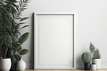 Wall Mural - Portrait large 50x70, 20x28, a3,a4, a5, Wooden frame mockup on white wall. Poster. Simple, modern frame. void Text or product indoors. Home mockup frame. Generative AI