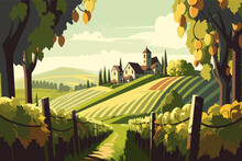 Italian Vineyard, Beautiful View From The Hill, 2d Vector Drawing, 2d Flat Vector Illustration.