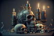 Decorated Skulls Surrounded by Candles and Magic. Generative AI.