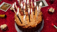 Birthday Cake With Candles And Red Glitter In Background, Party Celebration