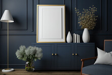 Mockup Frame On Cabinet In Dark Blue Scandinavian Living Room,. Generative AI