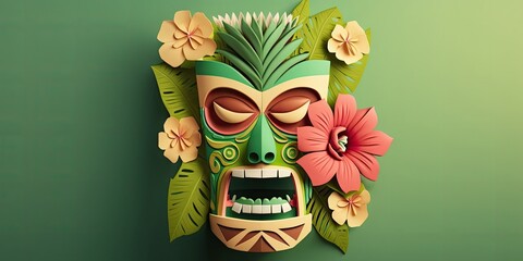 Wall Mural - Tiki festival background with floral and tree ornament decoration, 3D with papercut style, banner with empty space