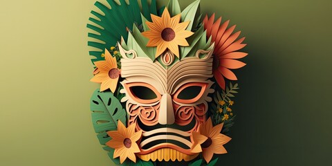 Wall Mural - Tiki festival background with floral and tree ornament decoration, 3D with papercut style, banner with empty space