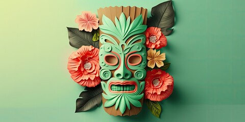 Wall Mural - tiki festival background with copy space for text, paper cut style, tiki mask hd wallpaper with empty space, festival banner