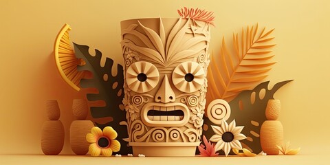 Wall Mural - tiki festival background with flowers, ai generative , 3d with papercut style, tiki mask, festival banner, 