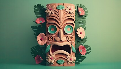 Wall Mural - tiki festival background with flowers, ai generative , 3d with papercut style, tiki mask, festival banner, 