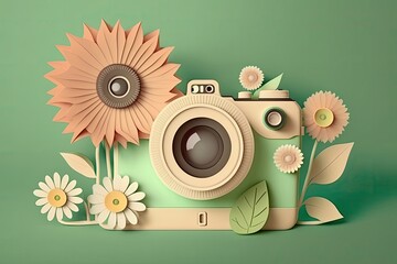 Paper cut beautiful Camera decorated with flowers, 3d floral decorated camera with green background for photography and other usage