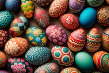 Up Close And Personal With Beautifully Painted Easter Eggs In Floral Motifs - Generative Ai