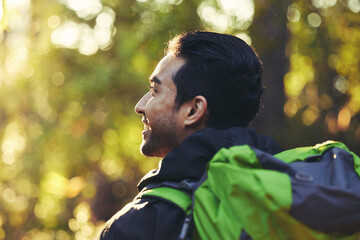 Canvas Print - Man, backpacker or hiking in forest woods, trekking in nature for travel in mockup adventure, relax workout or fitness exercise. Happy, smile or hiker in freedom environment for a person in wellness