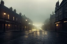 AI Generated Image Of Victorian London On A Moody Evening With Gas-lights, Fog And Cobble-stone Streets. Generative AI
