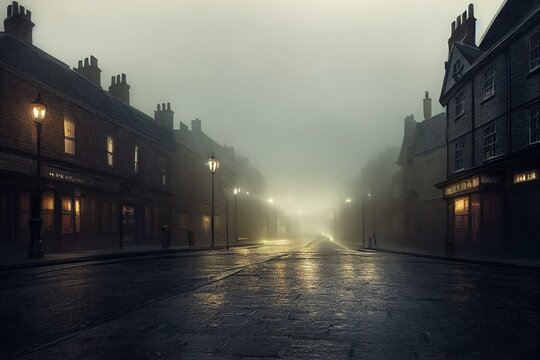 ai generated image of victorian london on a moody evening with gas-lights, fog and cobble-stone stre