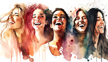 Happy Women Group For International Women’s Day , Watercolor Style Illustration By Generative Ai	