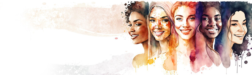happy women group for international women’s day banner , watercolor style illustration by generative