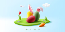 3d Easter Banner With Colorful Eggs, Bunny Ears Hiding Behind, Carrot And Tulip On An Island On Green Grass