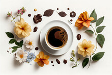A Cup Of Coffee Surrounded By Flowers Generative AI